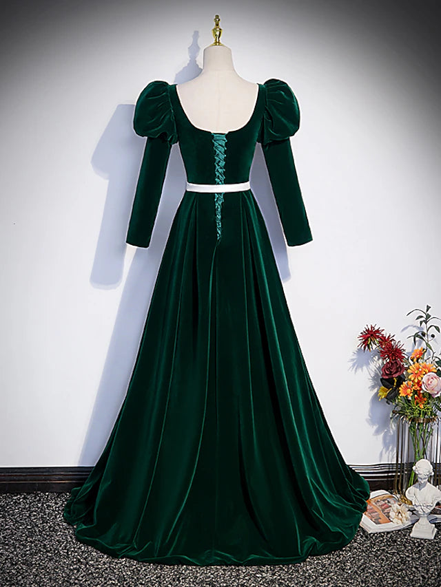 A-Linie Abendkleid Maxikleid Formal Bodenlang Langarm Quadratischer Ausschnitt Samt mit Falten Kristalle Riemchen